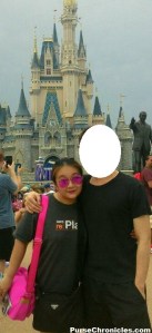 My husband and I in Disney World Orlando last July. My dear hubby is quite shy and didn't want his picture posted so I blocked his face out :P  I'm carrying my black Prada vela nylon shoulder bag (used as cross-body here), which is my go-to amusement park bag. The hot pink bag is our daughter's :)